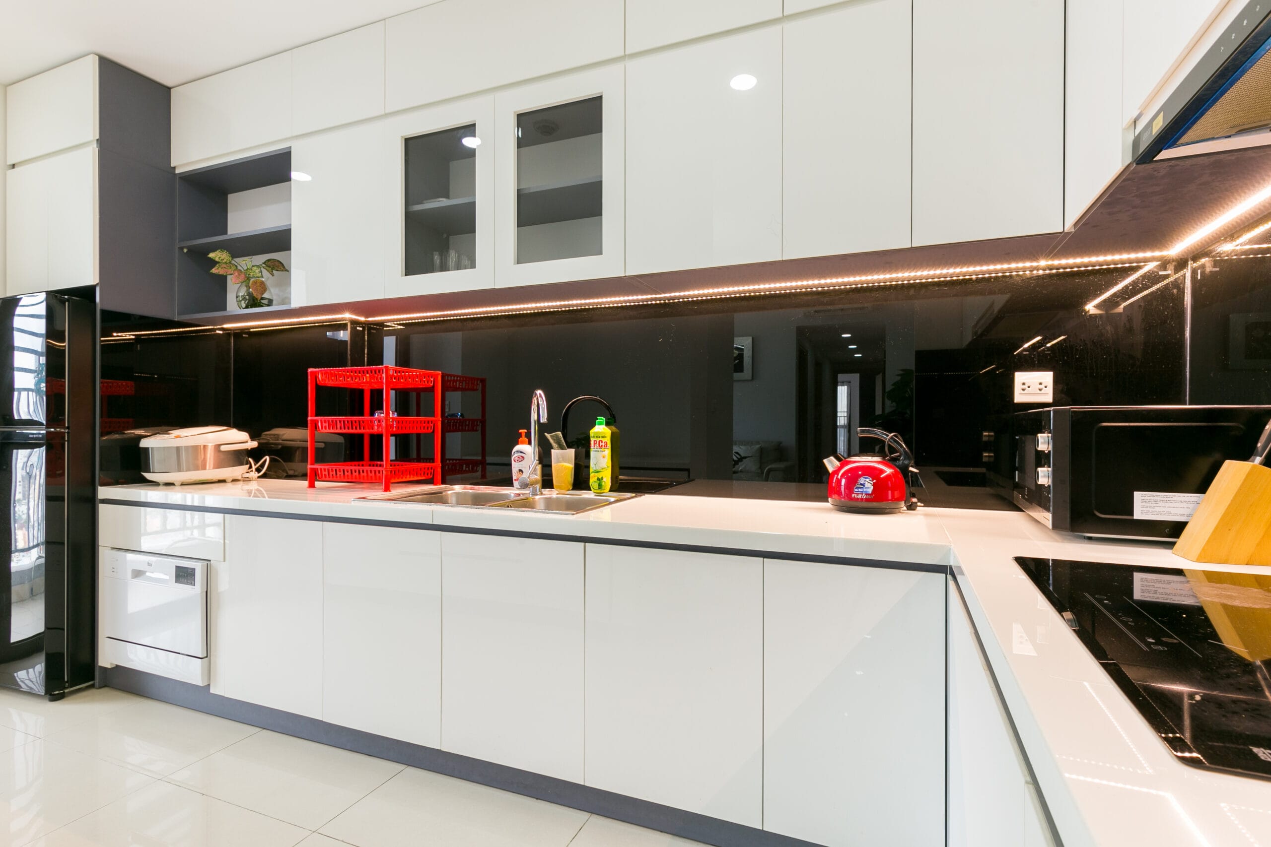 Kitchen area in a short-term apartment rental in Saigon